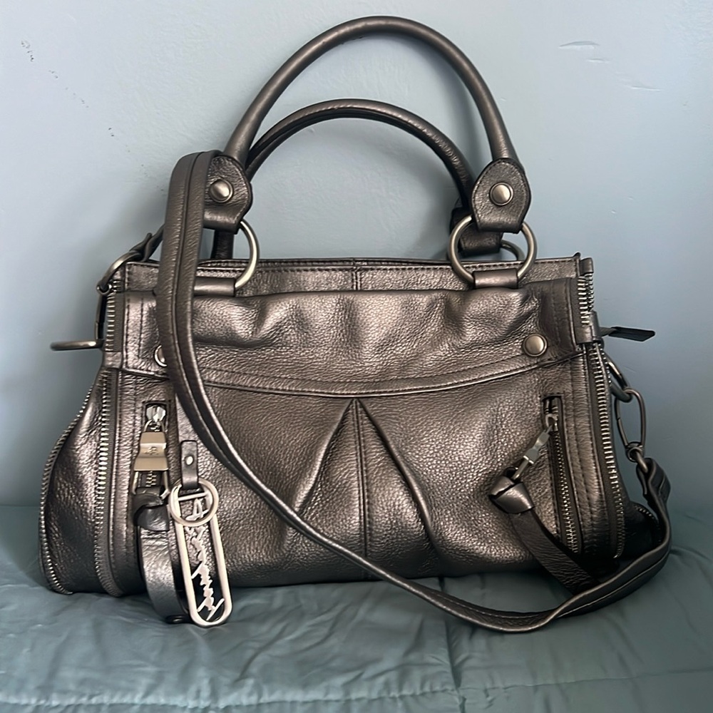 Vintage B.Makowsky Metallic Pewter Leather Handle Slouchy Satchel Handbag